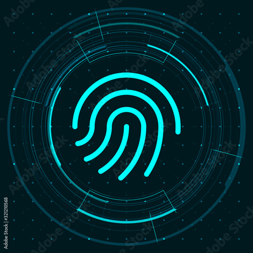 Blue light fingerprint icon and circle HUD digital screen on dark background illustration, cyber security technology concept.