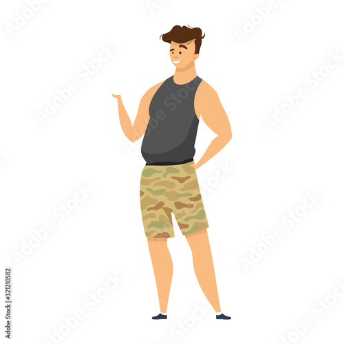 Explorer flat color vector illustration. Adventurer in army undergarment. Male in camouflage shorts. Military style cloth. Expeditioner isolated cartoon character on white background