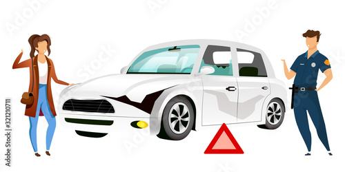 People by broken car flat color vector faceless characters. Crash site, traffic accident isolated cartoon illustration for web graphic design and animation. Woman and policeman near wrecked auto