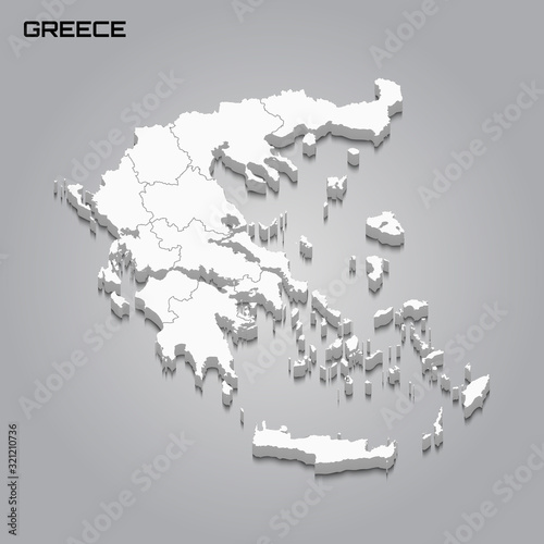 Greece 3d map with borders of regions