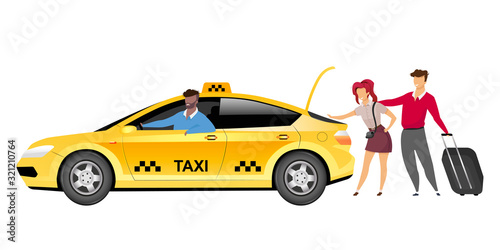 Taxi driver with clients flat color vector faceless characters. Man in yellow cab and tourists with luggage isolated cartoon illustration for web graphic design and animation. City travel service