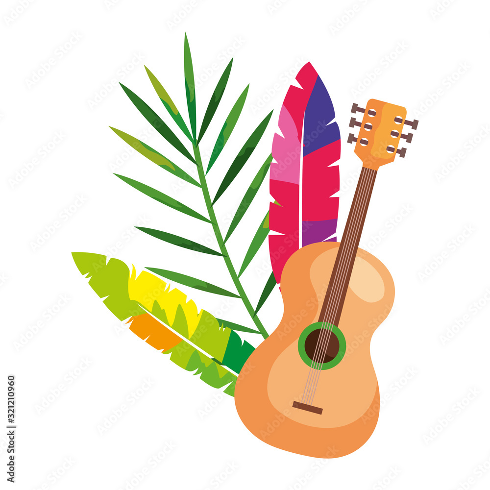 guitar with exotic feathers and tropical leaf vector illustration design