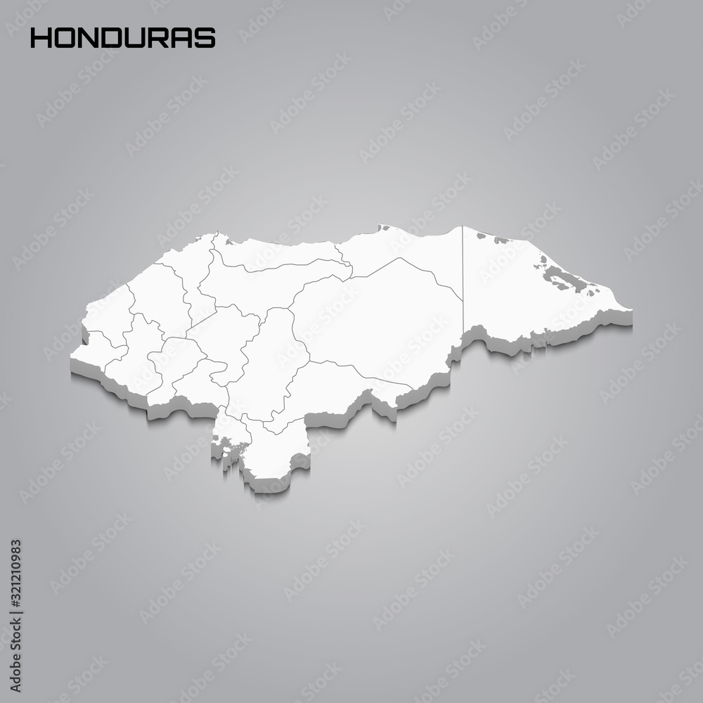 Honduras 3d map with borders of regions