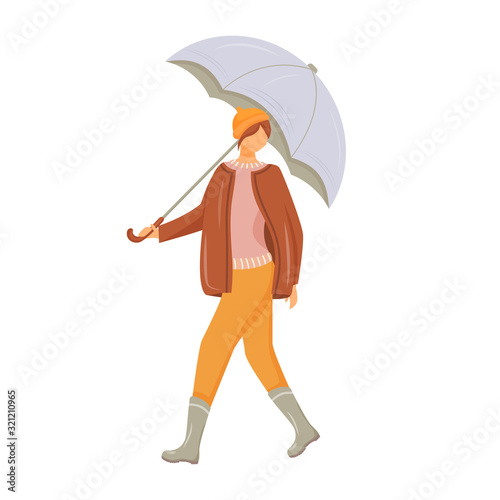 Woman in pullover and jacket flat color vector faceless character. Walking caucasian lady in gumboots. Wet weather. Female with umbrella in hand isolated cartoon illustration on white background