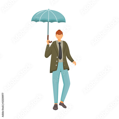 Man in green jacket flat color vector faceless character. Rainy weather. Autumn wet day. Fashionable male with umbrella. Walking caucasian guy in suit isolated cartoon illustration on white background