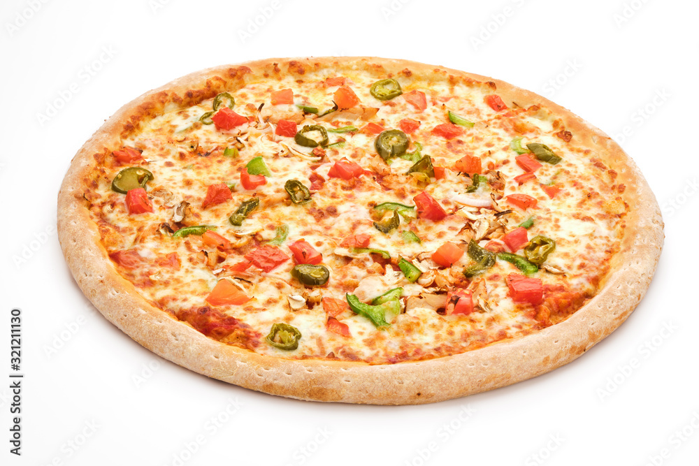 Fresh italian classic pizza with bell pepper, tomato and jalapeno isolated on white background.