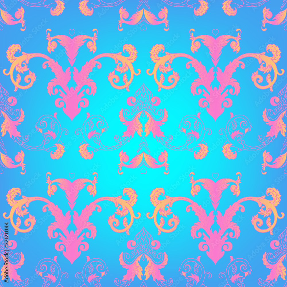 Vintage baroque floral seamless pattern in bright neon colors. 1980s style. Ornate vector decoration. Luxury, royal and Victorian concept. Vintage design with repetition. Heraldic floral texture.