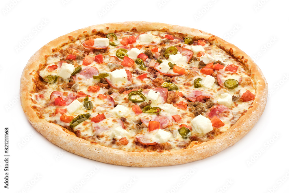 Fresh italian classic pizza with sausages, mozzarella and jalapenos isolated on a white background.