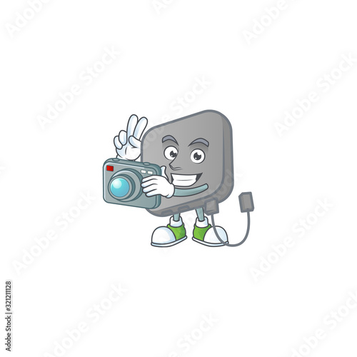 A power bank Photographer cartoon character in action with a camera