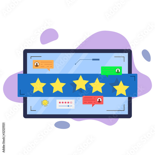 Online reviews semi flat RGB color vector illustration. Customer satisfaction. Consumer feedback. Star rating scale and comments. Quality evaluation. Isolated cartoon character on white