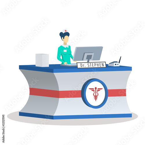 Receptionist at medical center semi flat RGB color vector illustration. Clinic lobby. Office manager. Faceless female administrator. Hospital employee. Isolated cartoon character on white background