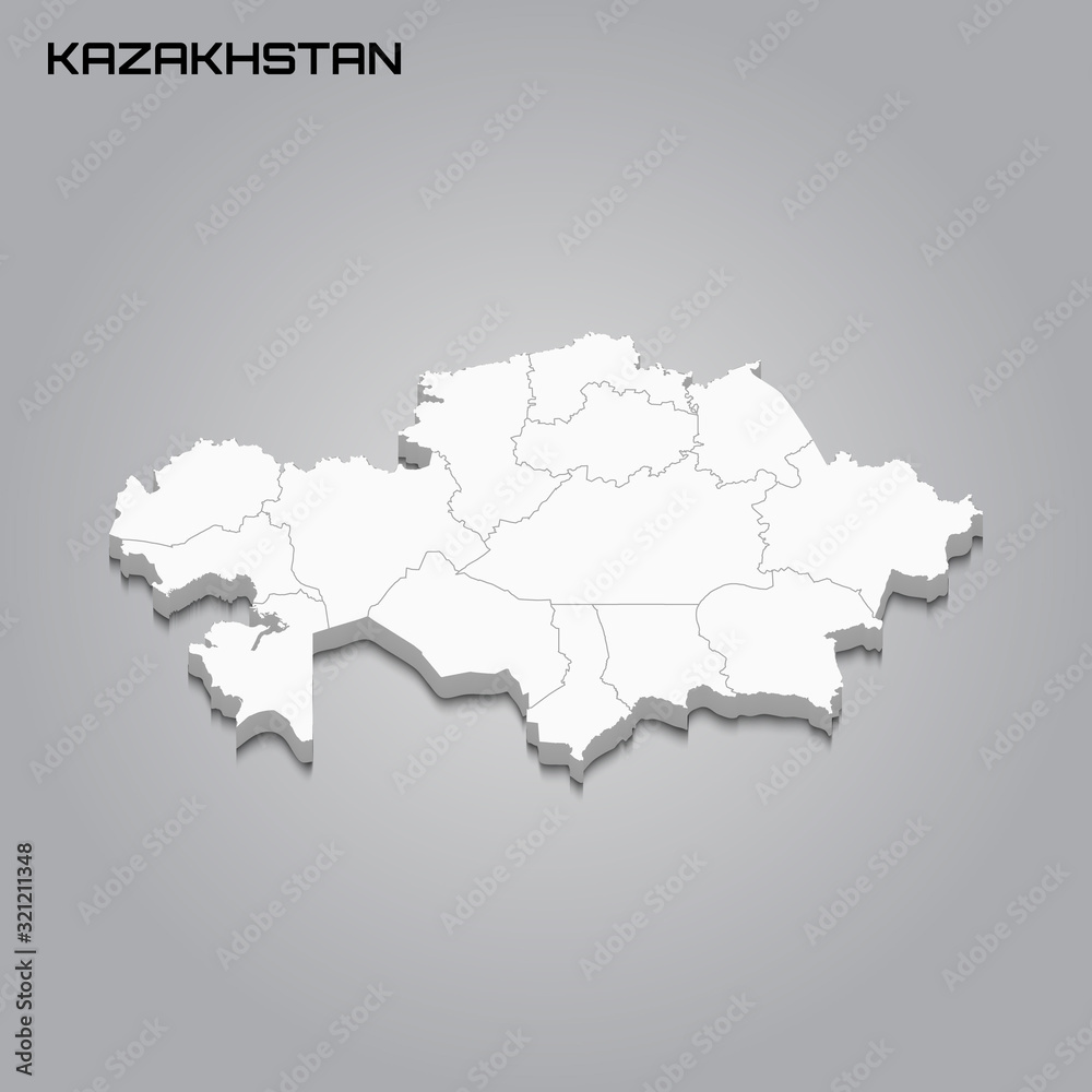Kazakhstan 3d map with borders of regions