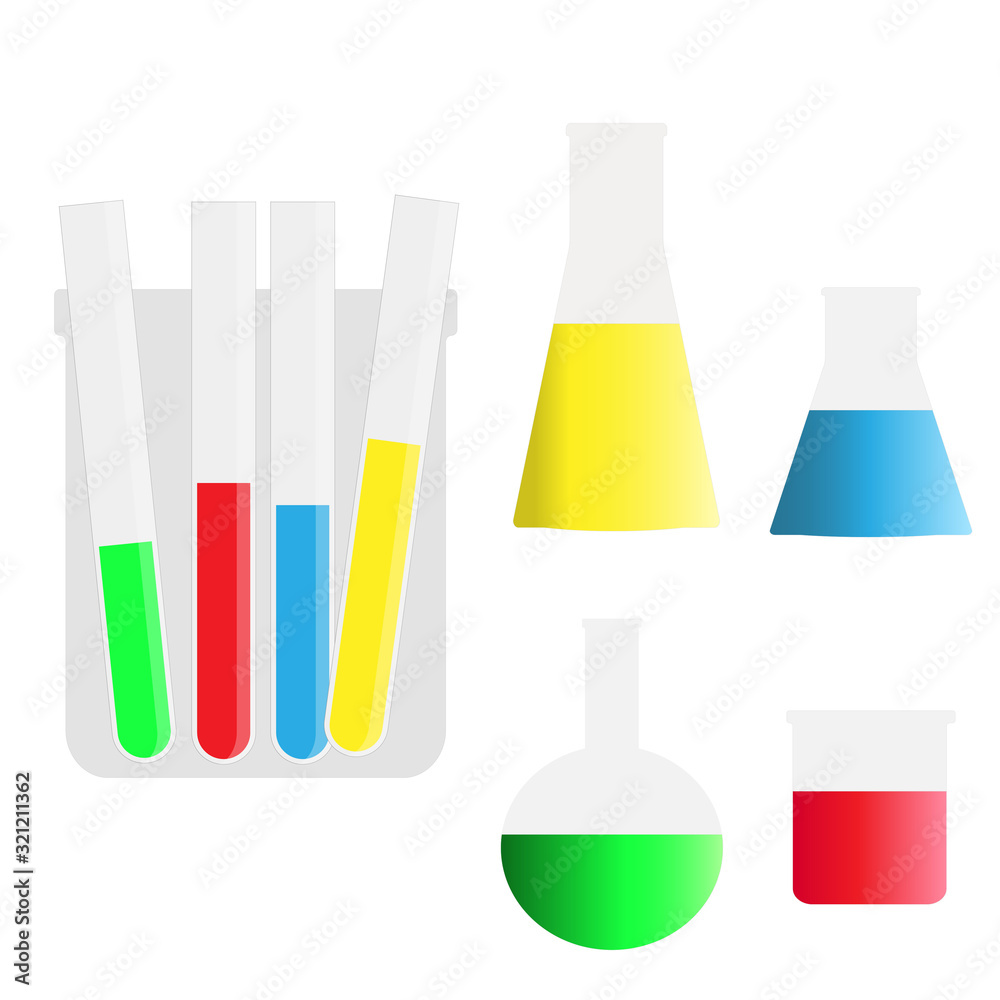 Set of Scientific equipment glass bottle for chemistry for science lab, medicine or pharmacology liquid, fluid measurement, vector illustration Set of Scientific equipment glass bottle for chemistry for science lab, medicine or pharmacology liquid, fluid measurement, vector illustration