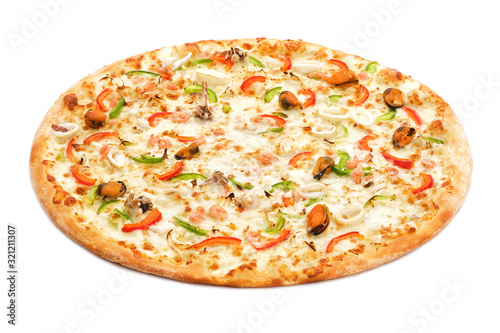 Tasty fresh italian classic pizza with seafood isolated on white background.