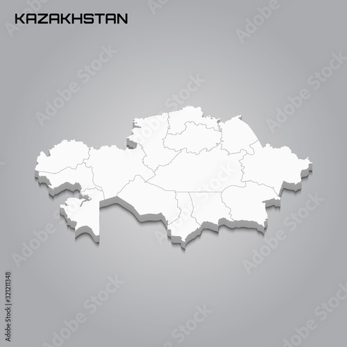 Kazakhstan 3d map with borders of regions