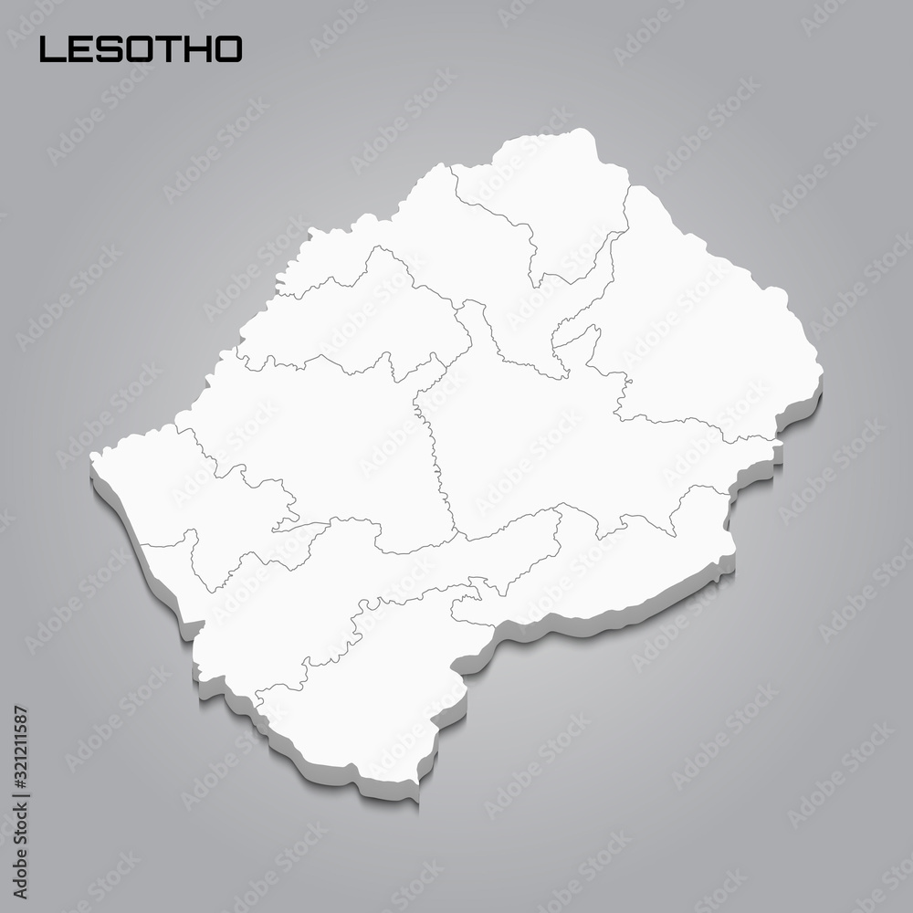 Lesotho 3d map with borders of regions