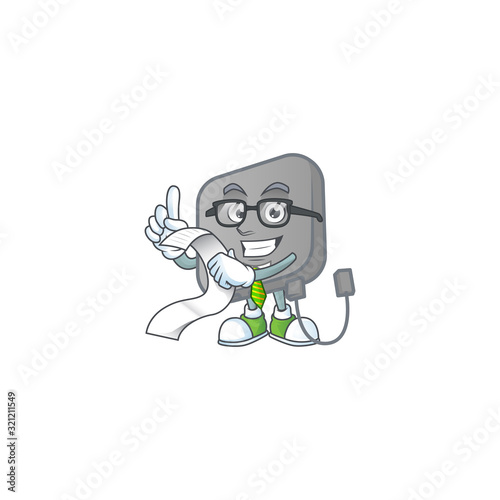 A funny face character of power bank holding a menu