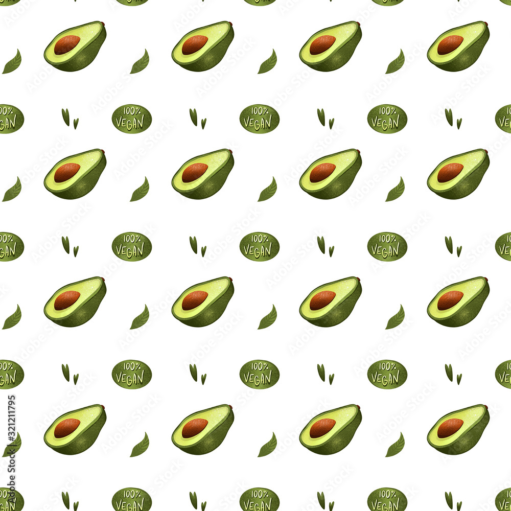 Digital illustration square seamless pattern with avocado on a white background. Print for banners, web design, invitation cards, paper, fabrics, packaging, cards. Digital illustration square seamless pattern with avocado on a white background. Print for banners, web design, invitation cards, paper, fabrics, packaging, cards.