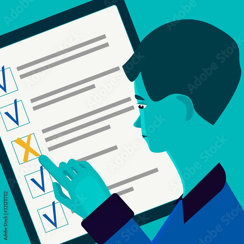 Yong man and Clipboard with a checklist. Online exam, Online Customer Survey, taking test, choosing answer, questionnaire form, education concept, keeping score of the completed tasks concept.