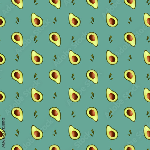 Digital illustration square seamless pattern with avocado on a turquoise background. Print for banners, web design, invitation cards, paper, fabrics, packaging, cards.