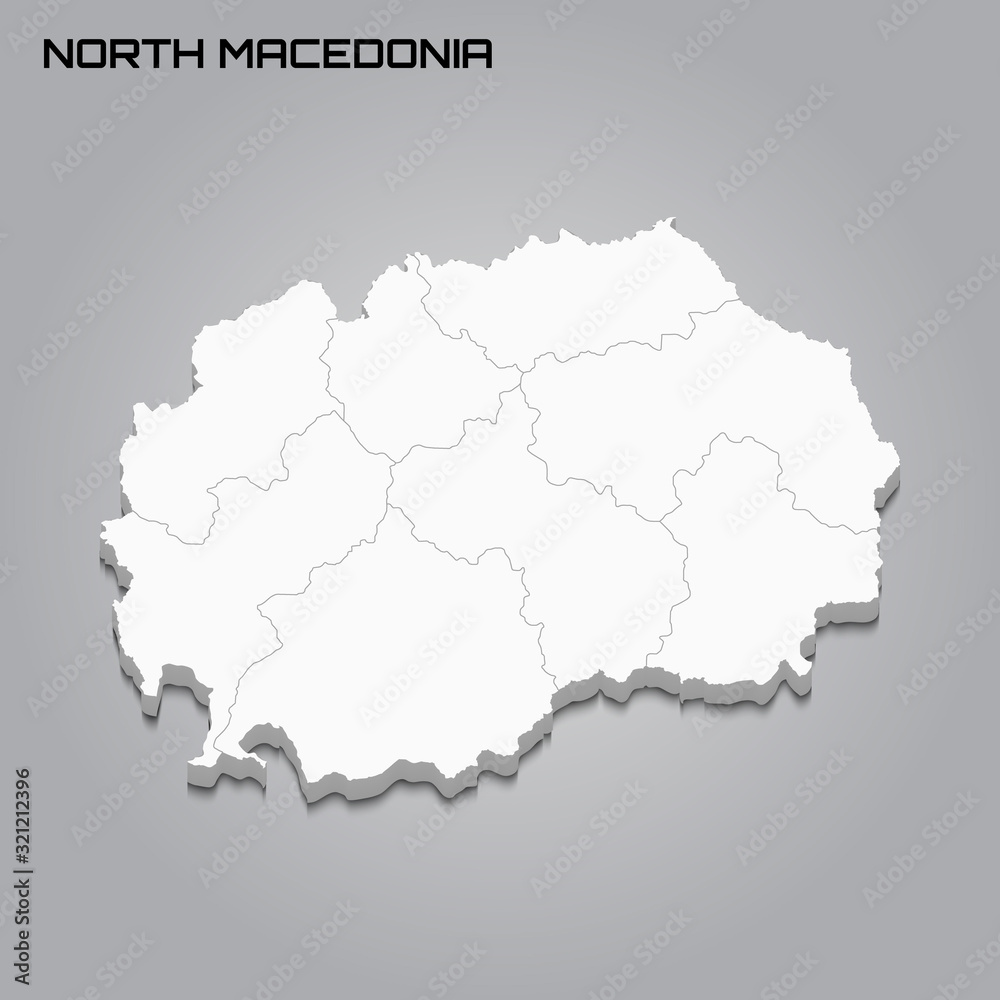 North Macedonia 3d map with borders of regions