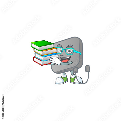 A brainy clever cartoon character of power bank studying with some books