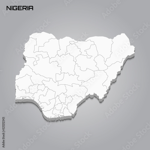 Nigeria 3d map with borders of regions