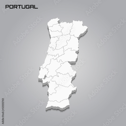 Portugal 3d map with borders of regions