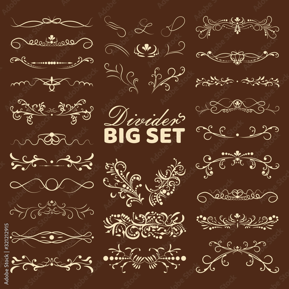 Big set of decorative flourishes hand drawn dividers. Victorian Collection ornate page decor elements banners, frames, dividers, ornaments and patterns. Vector design elements