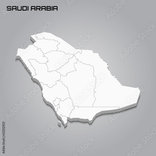 Saudi Arabia 3d map with borders of regions