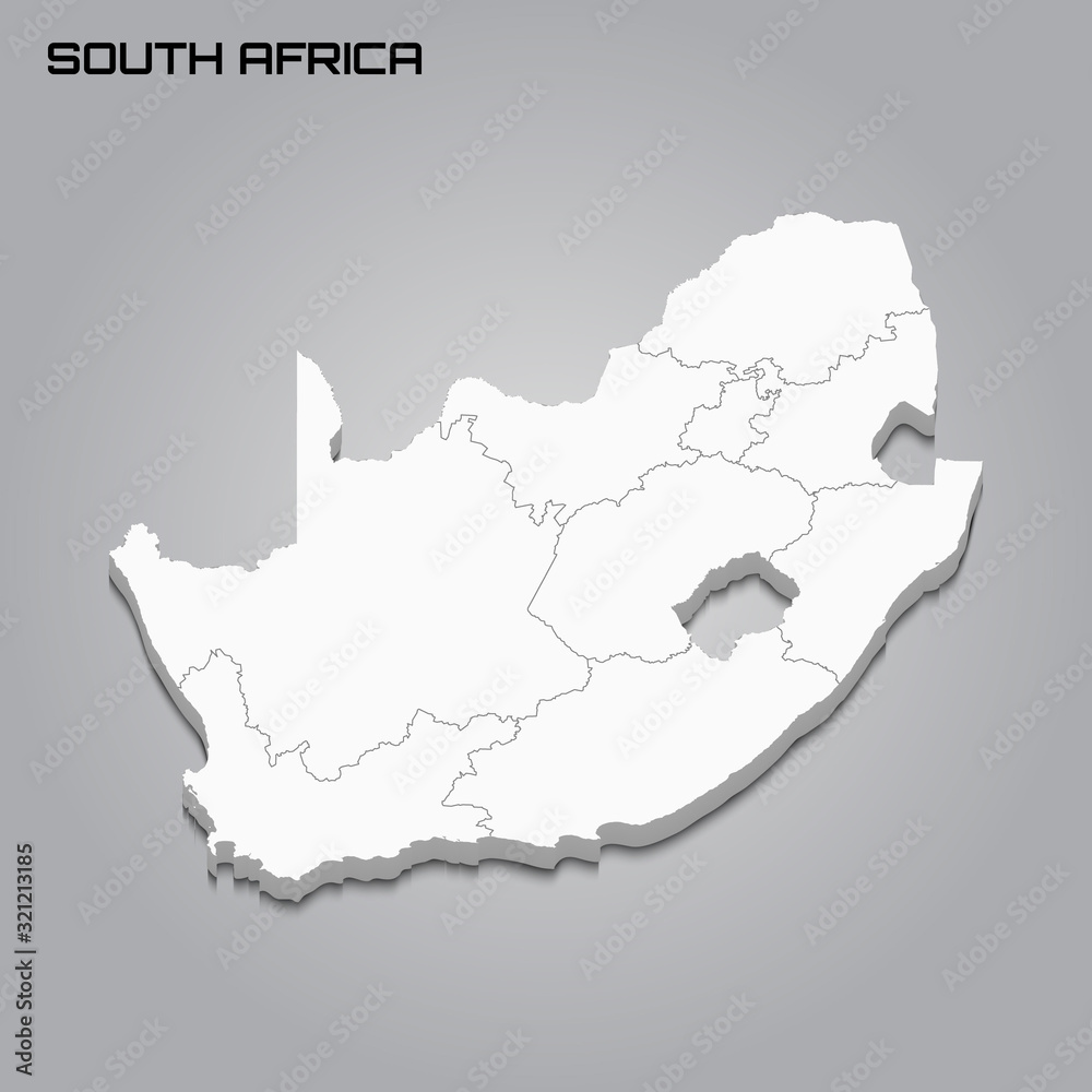 South Africa 3d map with borders of regions