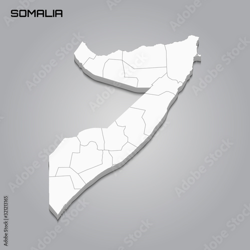Somalia 3d map with borders of regions