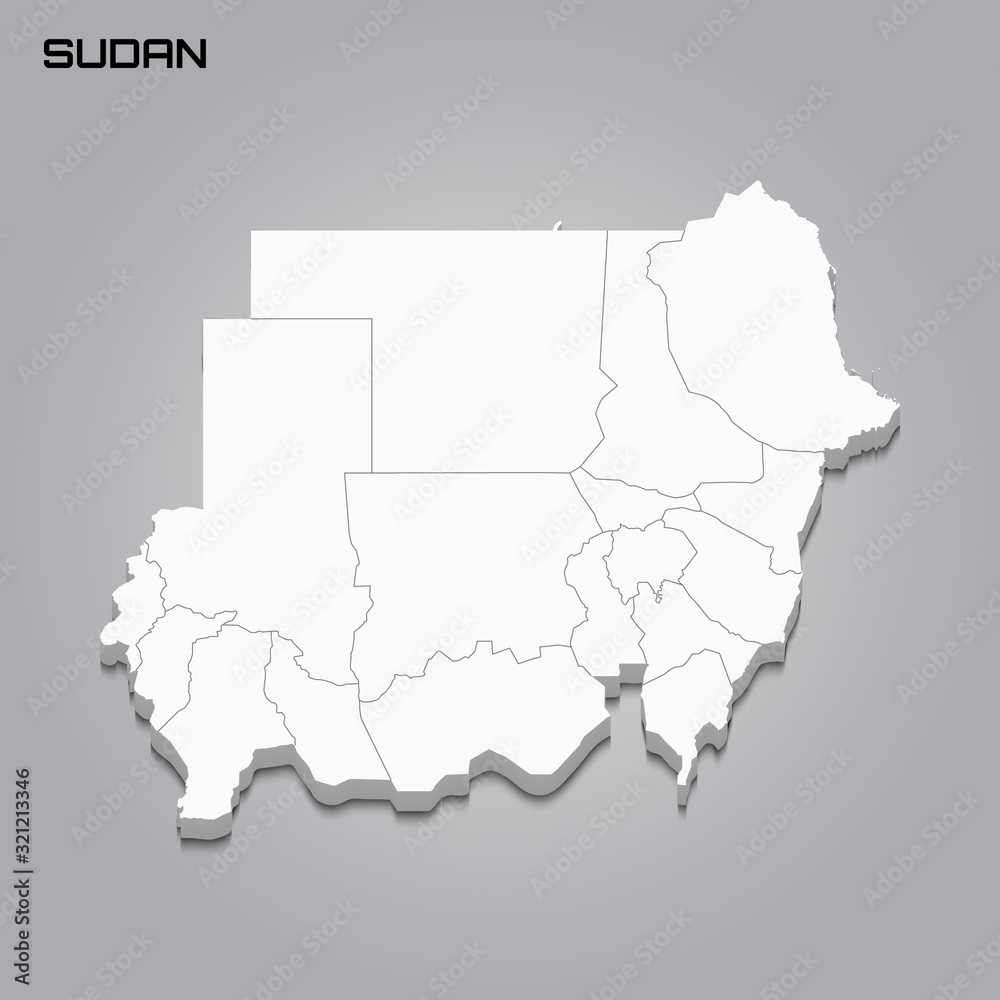 Fototapeta premium Sudan 3d map with borders of regions