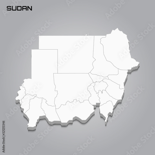Sudan 3d map with borders of regions