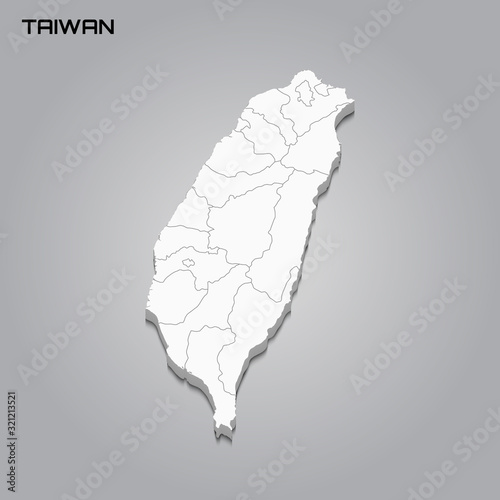 Taiwan 3d map with borders of regions
