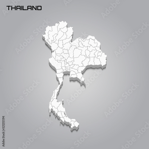 Thailand 3d map with borders of regions