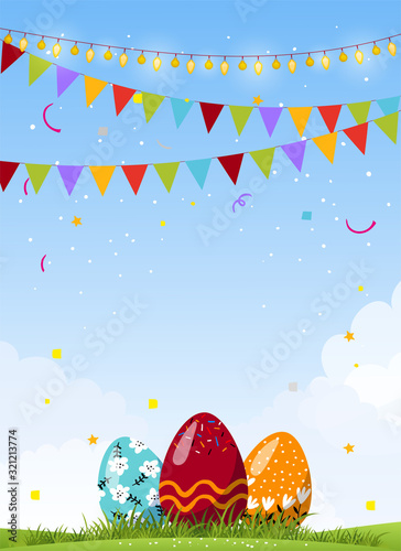 Beautiful easter card, decorated eggs in the grass on a natural sky background. Festive background with copy space. Flat cartoon vector illustration.