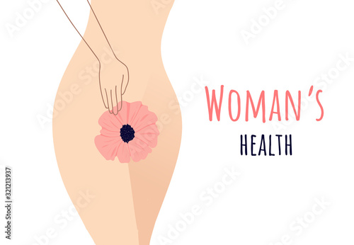 Beautiful female body and women's hygiene or reproductive system concept. Flower. Menopause, Urinary incontinence, care for women's sexual health. Maternity and pregnancy sign. Vector illustration.