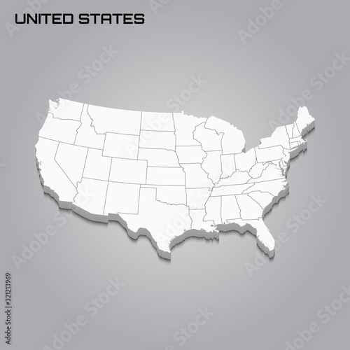 United States 3d map with borders of regions 