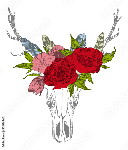 Cow  buffalo  bull skull in tribal style with flowers. Bohemian  boho vector illustration. Wild and free ethnic gypsy symbol.