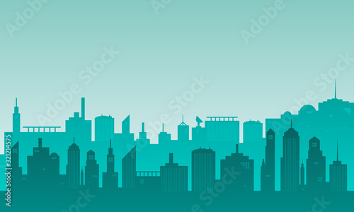 Panorama of the morning city silhouette with many tall buildings