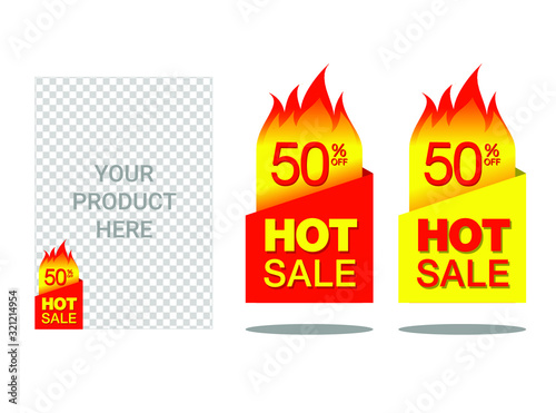 hot sale tag label discount set. Fire deal banner, hot price badge and promotion offer flaming label frame. Store sale symbols, shopping price flyer or retail specials burn prices. 