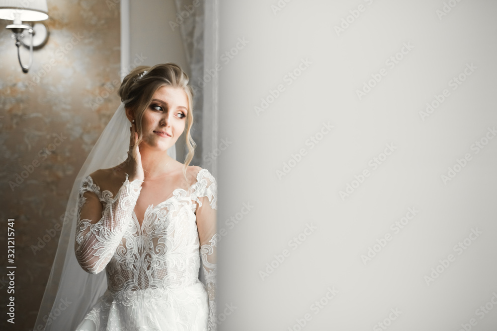 Luxury bride in white dress posing while preparing for the wedding ceremony Luxury bride in white dress posing while preparing for the wedding ceremony