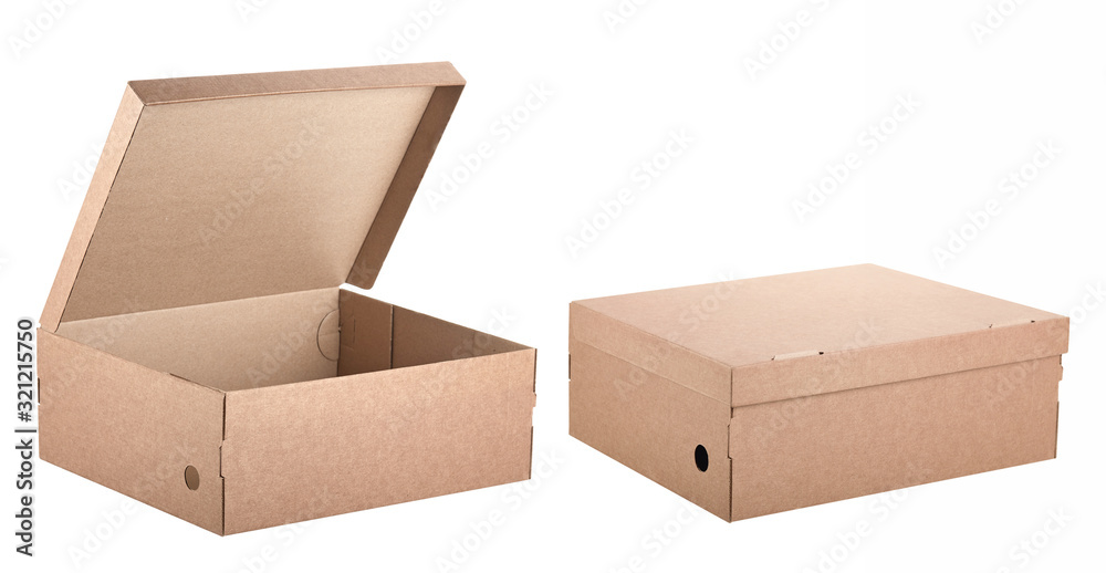 Set of two angles of a cardboard box in closed and open form, isolated on a white background. Biodegradable and recyclable packaging.