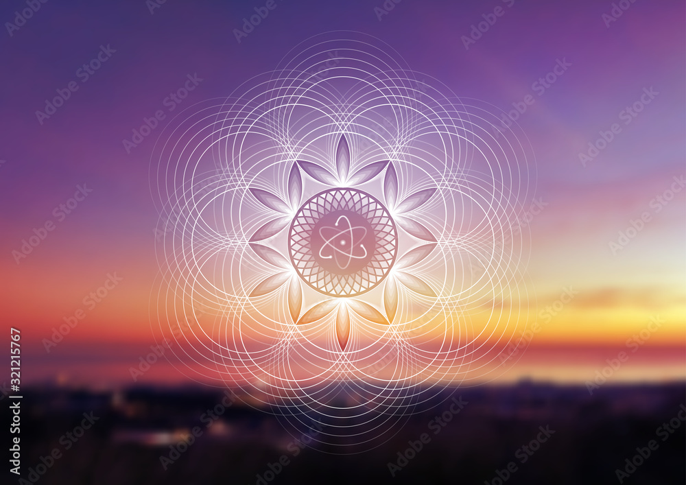 Vector template of banner with spiritual sacred geometry on blurred background with sky and sea, horizontal format; Fantastic mandala and atom; Poster for yoga, meditation, relax. - obrazy, fototapety, plakaty 