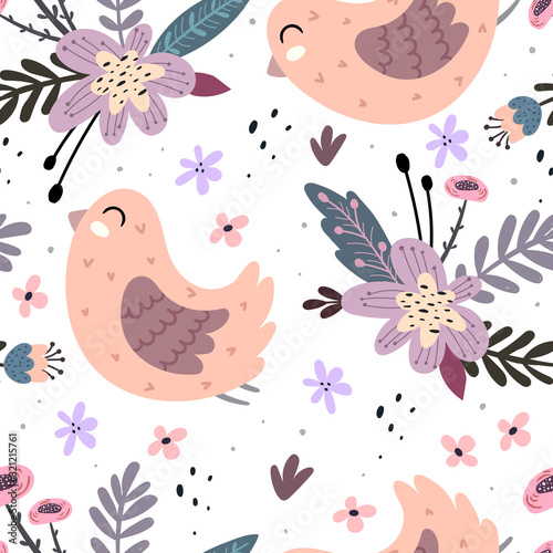 Seamless pattern with cartoon birds  flowers  decor elements. colorful vector. hand drawing. ornament  flat style. design for fabric  print  textile  wrapper