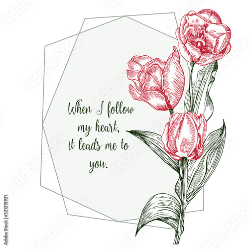 Greeting card with Spring flower bouquet of tulips in red and green colors on gray background. Line engraving drawing Vintage style. Realistic botanical nature floral sketch pattern