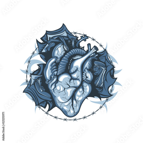 Vintage drawing of a human heart on a background of roses and thorns.