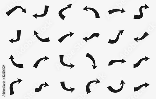 Set of black curved arrows isolated on light background. photo