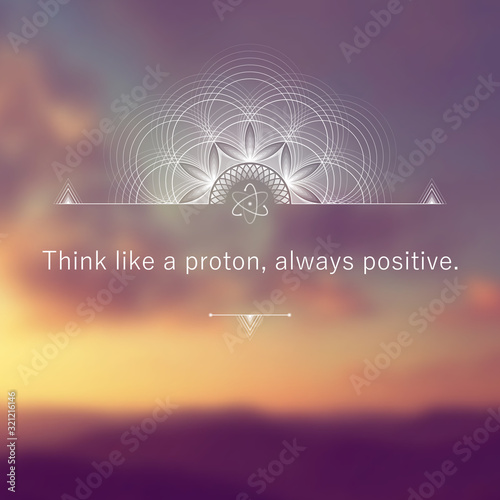 Vector template of banner with inspirational phrase, square format; Spiritual sacred geometry on blur background with sky and mountains; Poster for yoga, meditation, relax and positive thinking.